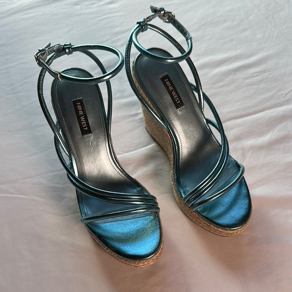 Nine West Shoes - Nine West Shiny Blue Strappy Wedges